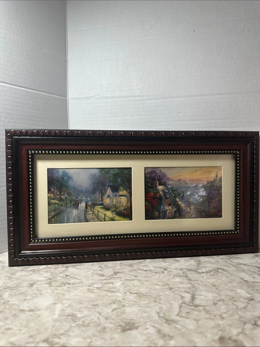 Framed Dual-Scene Landscape Print in Deep Brown Frame by Thomas Kinkade.